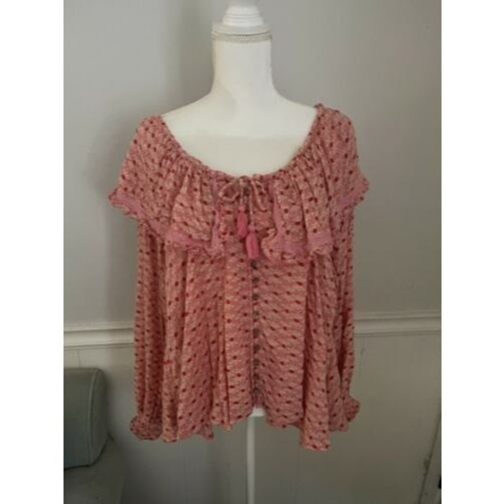 FREE PEOPLE Size S Sunrise Lace And Ruffle Trim Top Pink boho EUC cottagecore